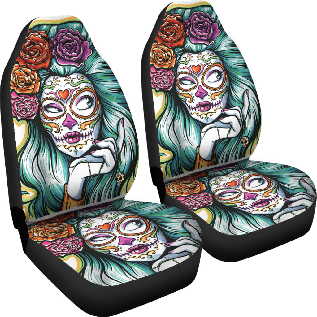 Set 2 day of the dead car seat cover sugar skulls