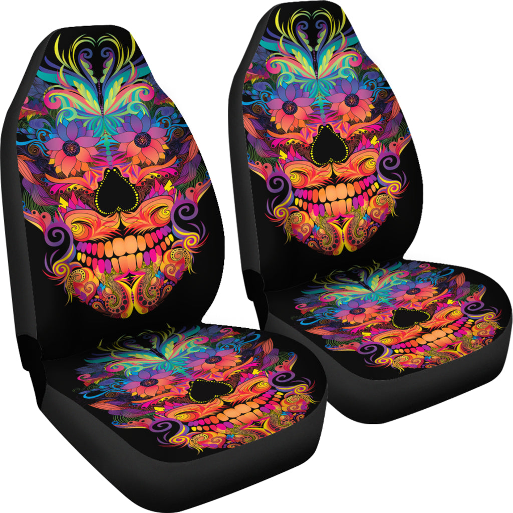 Set of 2 colorful sugar skull car seat covers