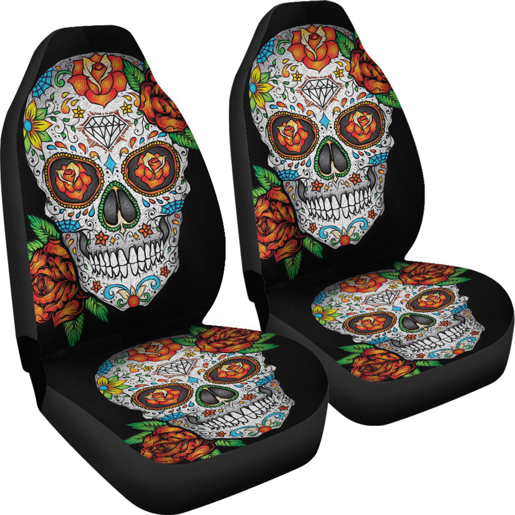 Set of 2 floral sugar skull car seat covers