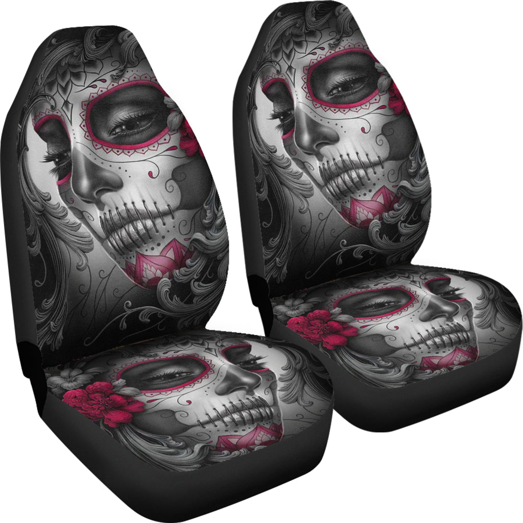 Set of 2 pcs skull beautiful sugar skull girl car seat covers