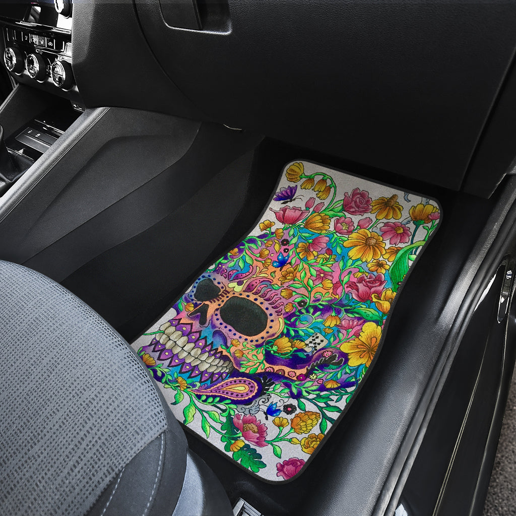 Set of 4 pcs floral sugar skull car mat