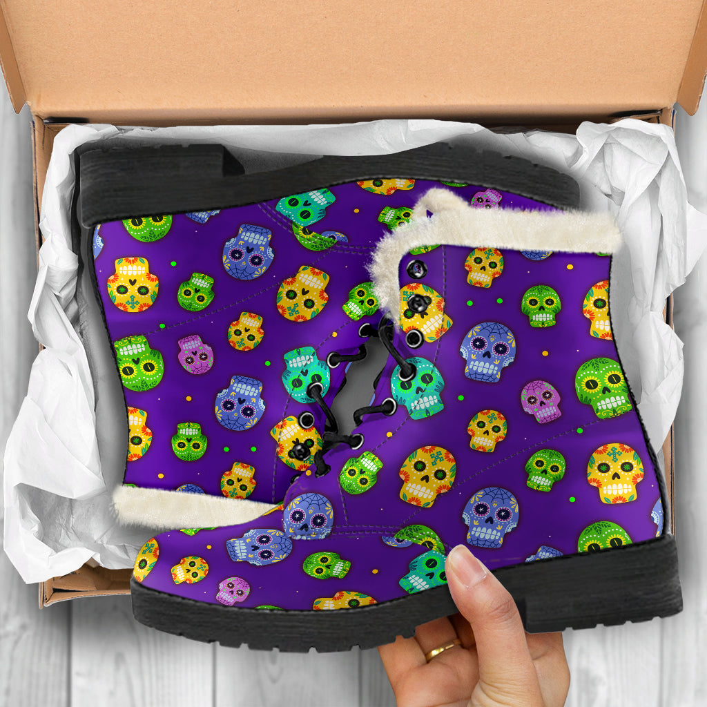 Muerto Sugar Skulls Faux Fur Lined Vegan Leather Boots