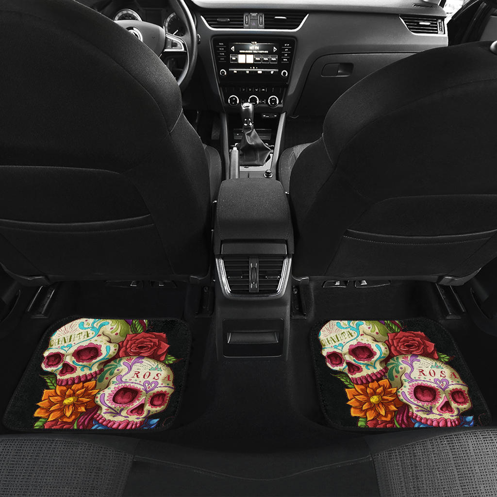 Set of 4 pcs sugar skull rose floral car mats