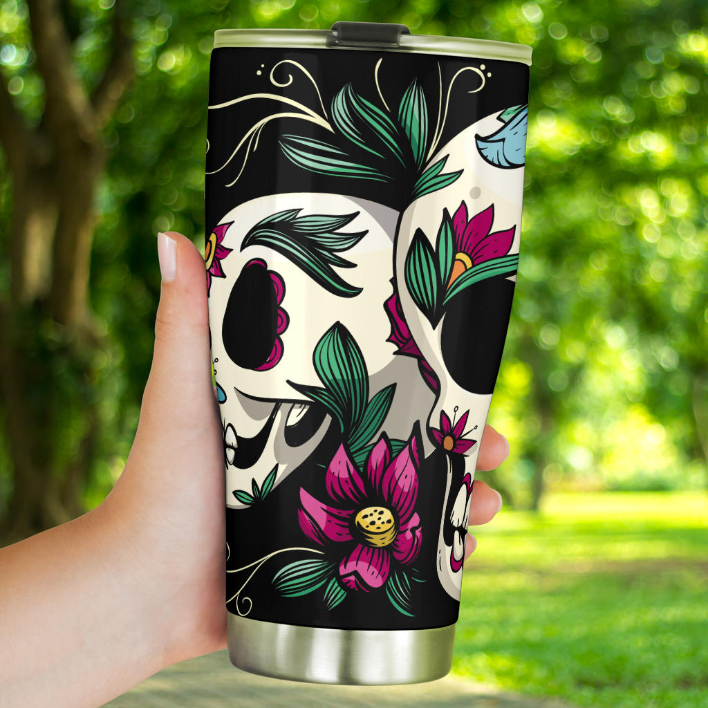 Sugar skull floral tumbler mug cup