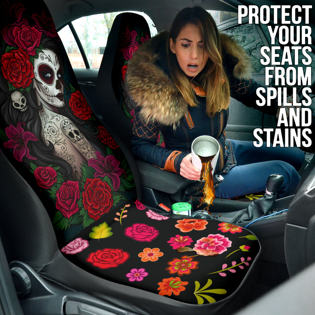 Set 2 pcs Sugar skull girls Day of the dead car seat covers