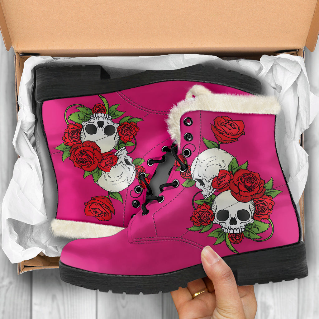 Skull Couple Roses (Eclipse) - Faux Fur Leather Boots