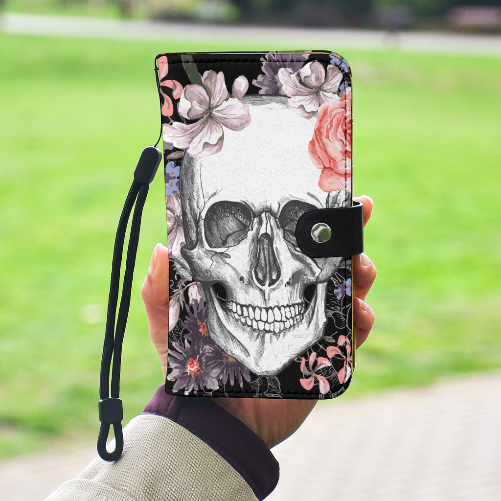 Floral skull wallet phone case