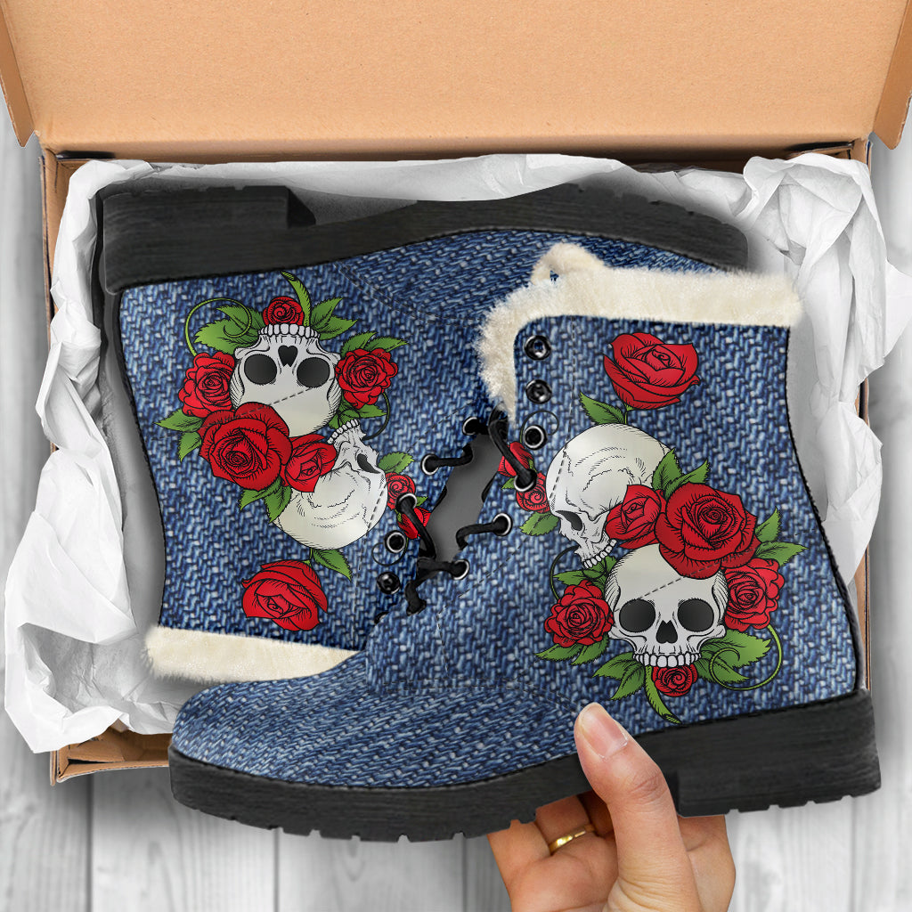 Skull Couple Roses (Dark Denim) - Faux Fur Leather Boots