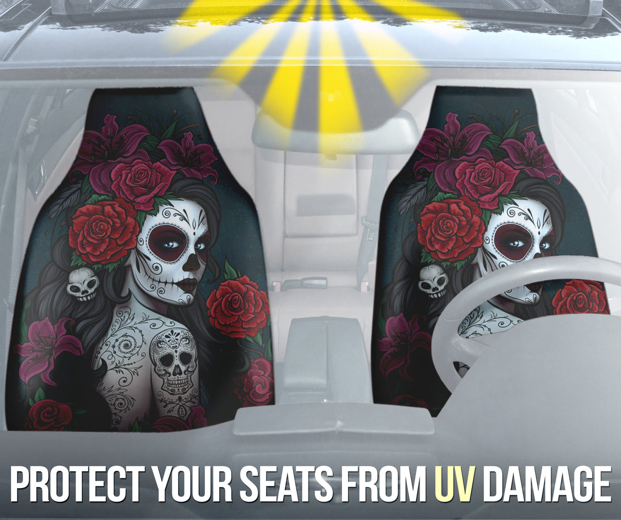 Set 2 pcs Sugar skull girls Day of the dead car seat covers