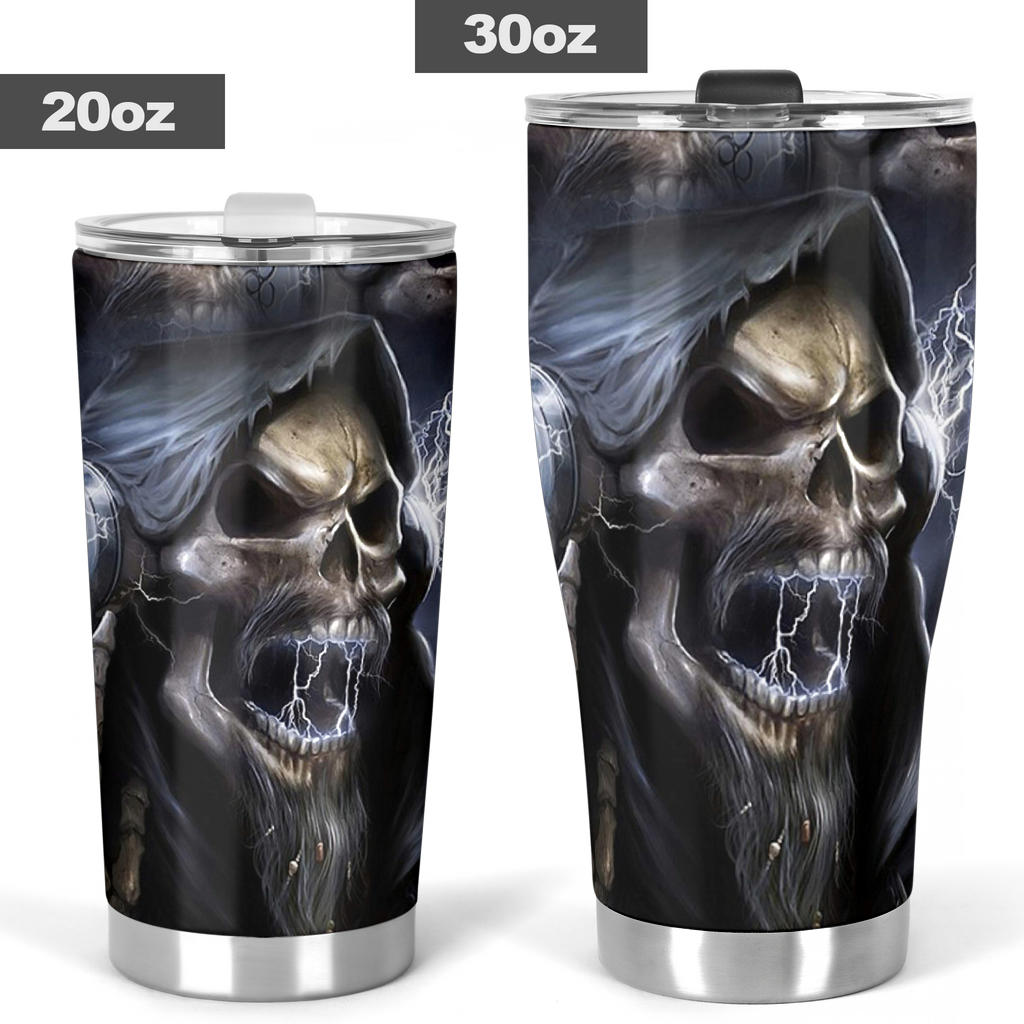Skull in fire cup, skull in fire mug, skeleton tumblr, grim reaper beer mug, biker skull mug, evil tumbler, flower skull mug