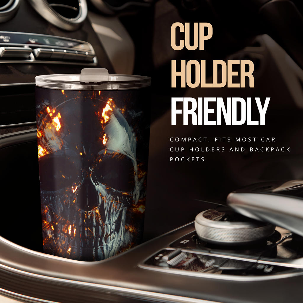 Flaming skull tumbler mug cup