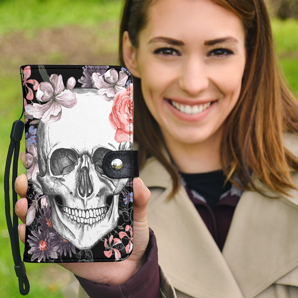 Floral skull wallet phone case