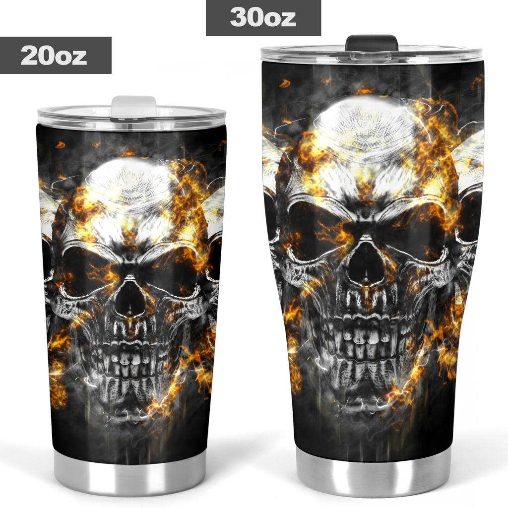 Flaming fire gothic skull tumbler cup mug