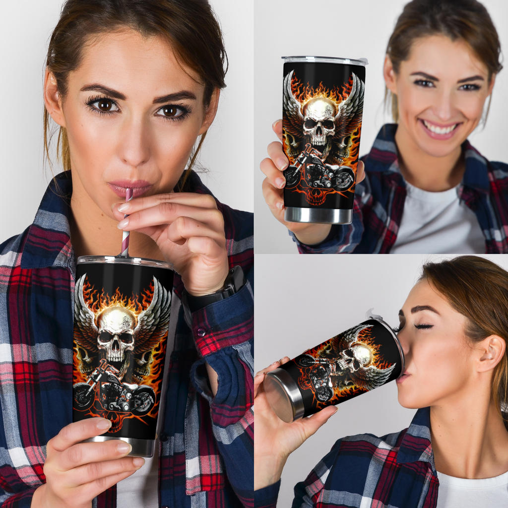 Motorcycle biker skull tumbler cup mug