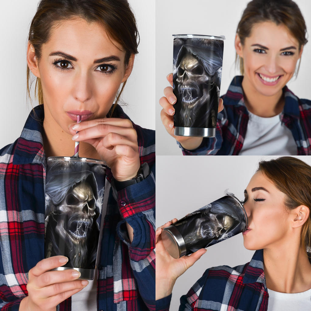 Skull in fire cup, skull in fire mug, skeleton tumblr, grim reaper beer mug, biker skull mug, evil tumbler, flower skull mug