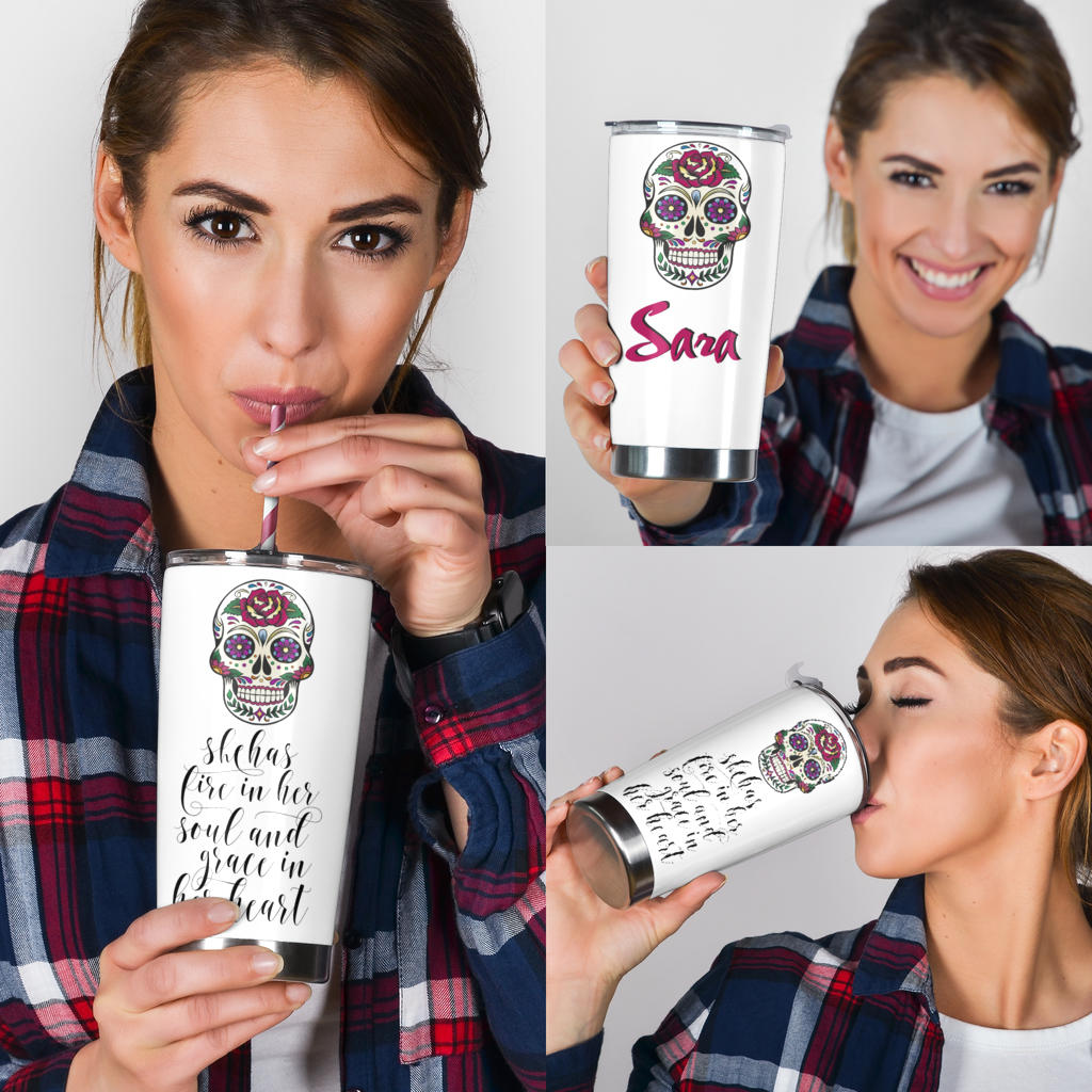 Sugar skull floral tumbler mug cup - Sara