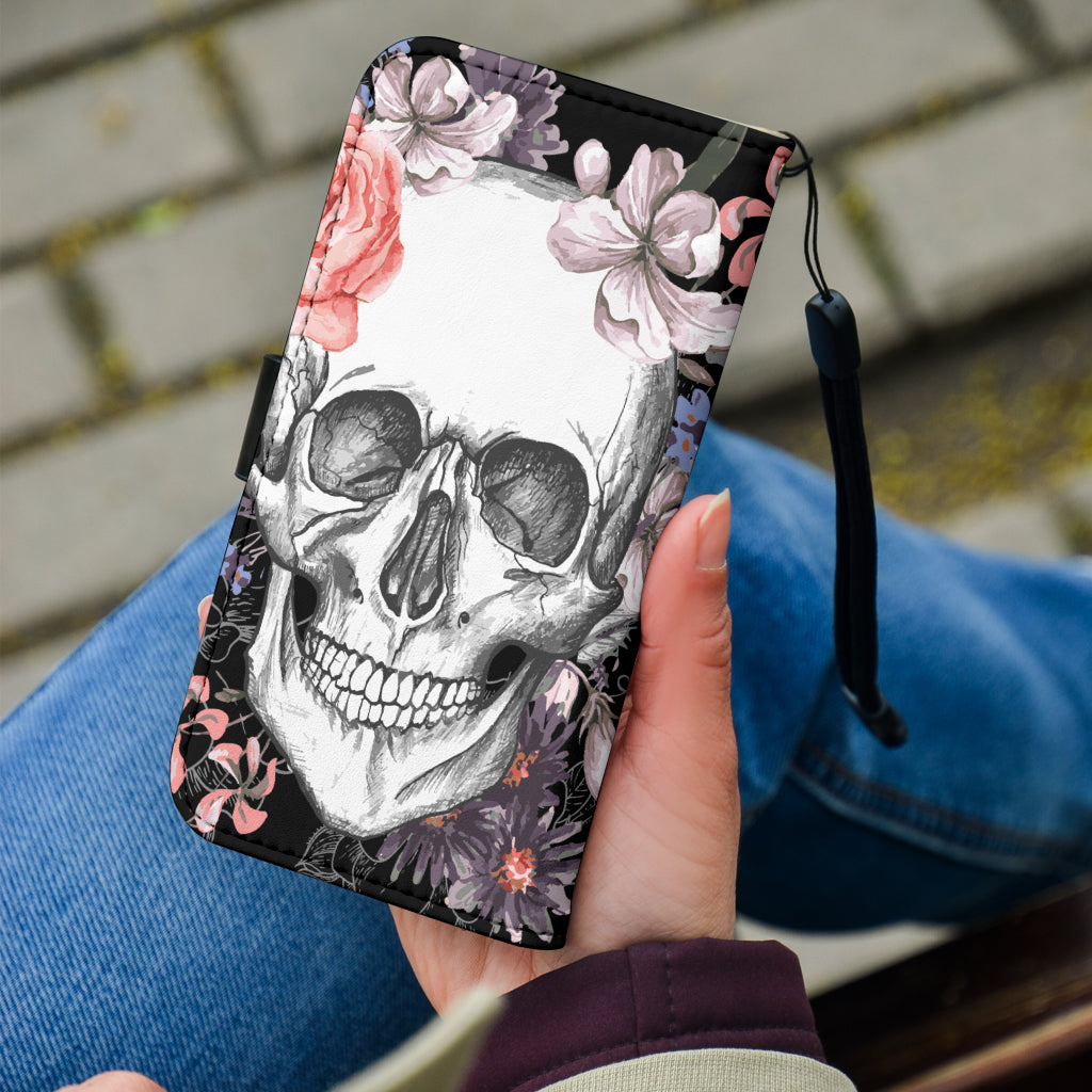 Floral skull wallet phone case