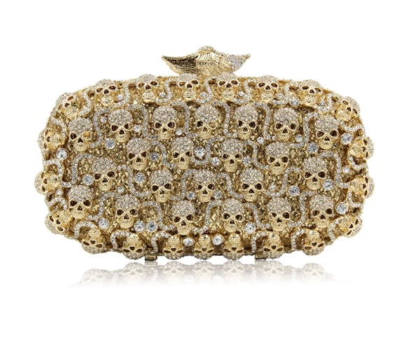 Gold crystal diamond metal Skull evening bag