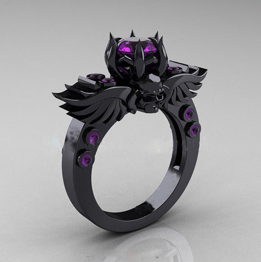 high quality black gold men/women style purple stone cool skull ring cheap