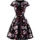 Skull Print Dress Women Vintage 50s 60s Square Collar Wrapped Chest Plus Size 4XL Swing Rockabilly Pin Up Dress