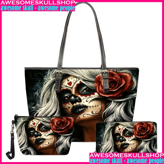 Sugar Skull Girl Design Brand Tote Bags  Large Capacity Leather Shoulder Bag