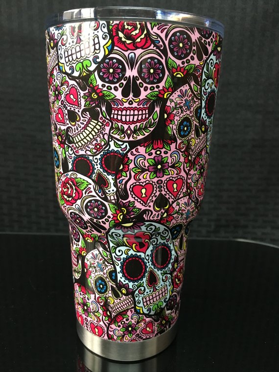 30 oz Sugar Skull Stainless Steel Tumbler - Design is Painted.