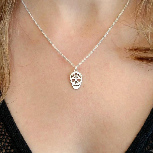 Sugar skull necklace silver necklace silver chain dainty jewelry personalized jewelry gift for 925 silver birthday gift charm