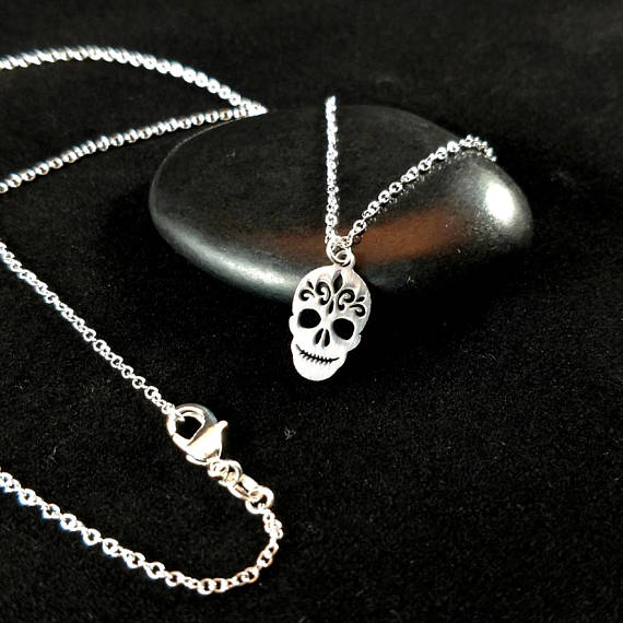 Sugar skull necklace silver necklace silver chain dainty jewelry personalized jewelry gift for 925 silver birthday gift charm