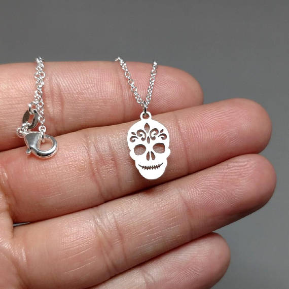 Sugar skull necklace silver necklace silver chain dainty jewelry personalized jewelry gift for 925 silver birthday gift charm