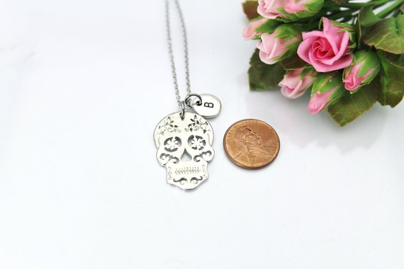 Sugar Skull Necklace, Silver Sugar Skull Charm, Gothic Gift, Halloween Gift