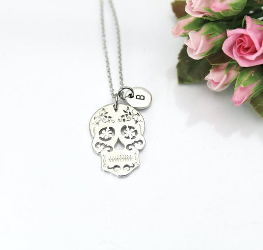 Sugar Skull Necklace, Silver Sugar Skull Charm, Gothic Gift, Halloween Gift
