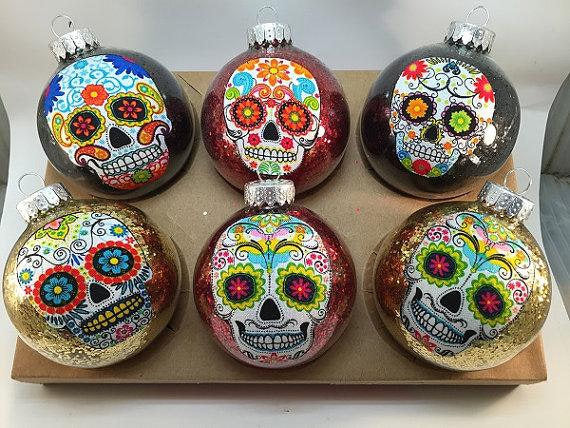 Set of 6 Sugar Skulls Glass Ornament Balls Set of 6Sugar Skulls Glass Ornament Balls