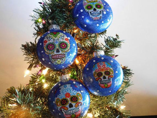 Set of 4 Sugar Skulls Glass Ornaments