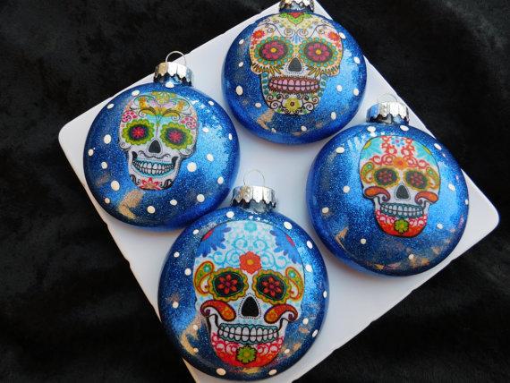 Set of 4 Sugar Skulls Glass Ornaments