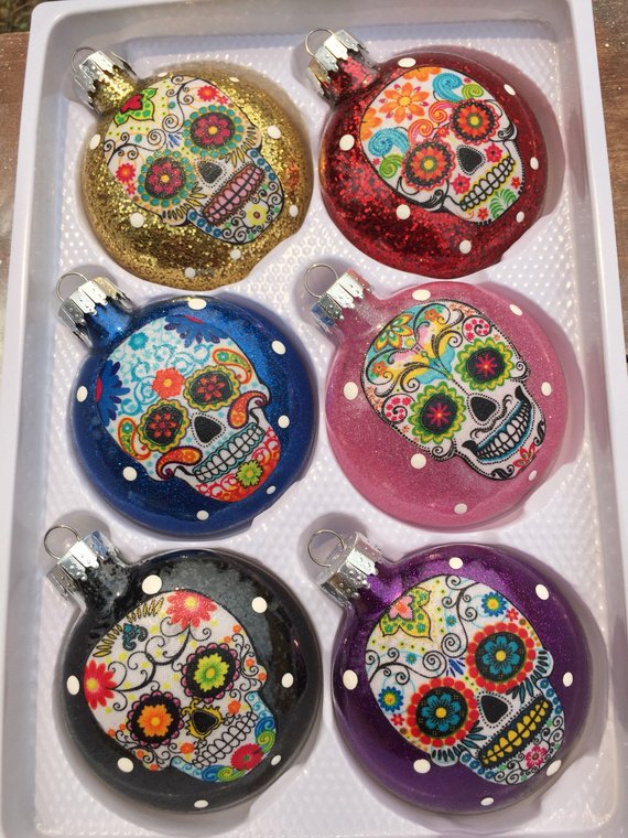 Set of 6 Sugar Skulls Glass Ornaments Multi Color Glitter