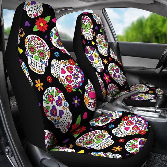 Sugar Skulls Car Seat Covers Pair, 2 Front Car Seat Covers