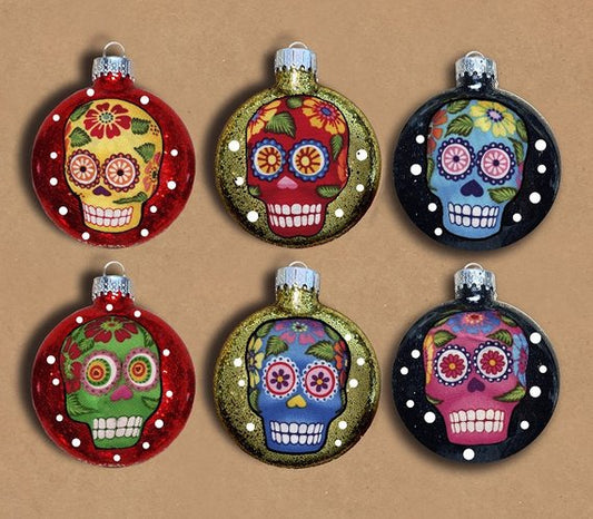 Colorful Sugar Skulls Glass Ornaments Set of 6