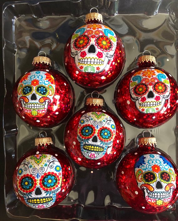 Set of 6 Day of the Dead Sugar Skulls Glass Ornaments