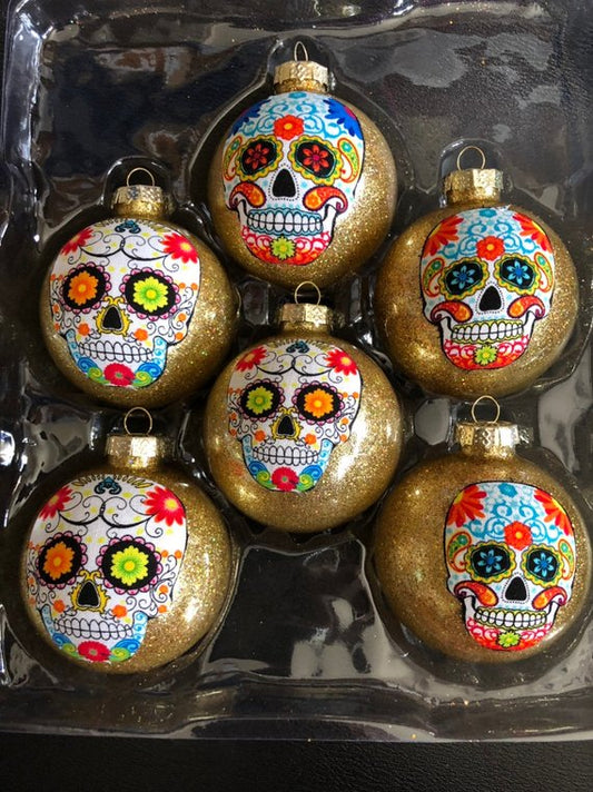 Day of the Dead Sugar Skulls Glass Ornaments Set of 6