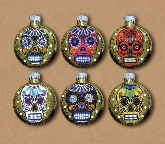 Colorful Sugar Skulls Glass Ornaments Set of 6