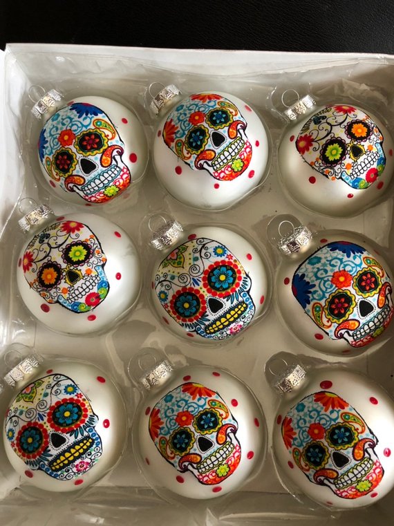 Day of the Dead Sugar Skulls Glass Ornaments Set of 9