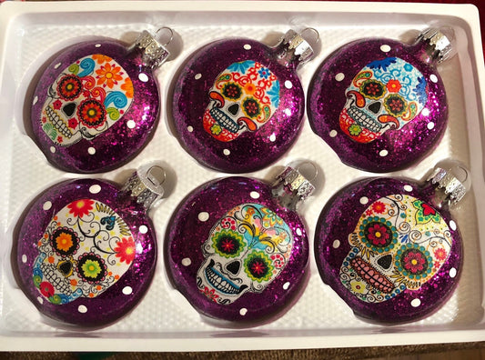 Sugar Skulls Glass Ornaments Set of 6 Purple