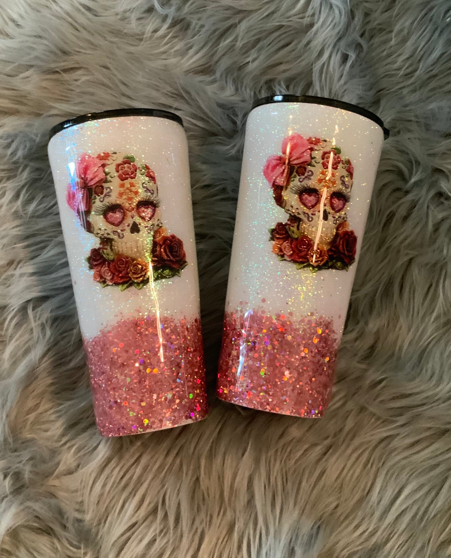 Sugar Skull Glitter Tumbler (1100ml)  & Gift 2 Straws + clearing brush + bag