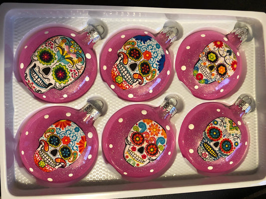 Sugar Skulls Glass Ornaments Set of 6 Hot Pink