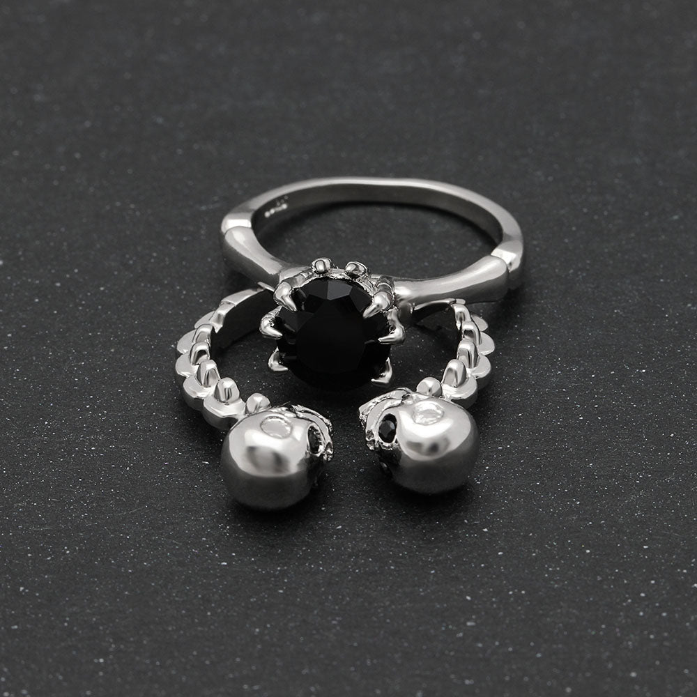 Men's double Skull Ring sets Rhodium Plated Princess cut 6mm Black Zircon Women's Wedding Ring Punk Jewelry Size 6-10