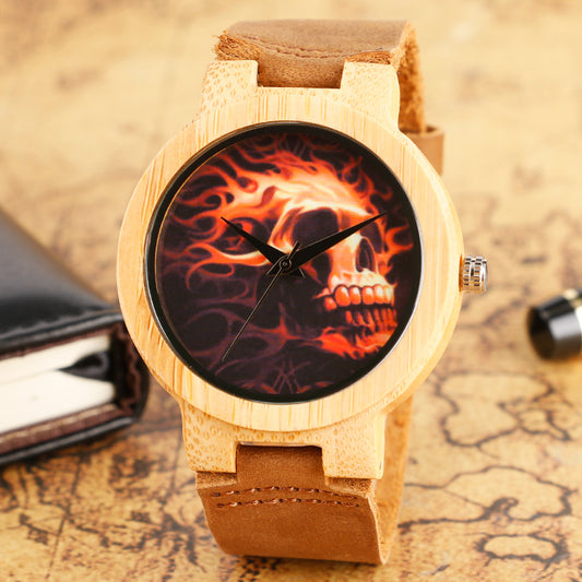 Cool Fire Skull Dial Design Wood Watches with Brown Leather Watchband