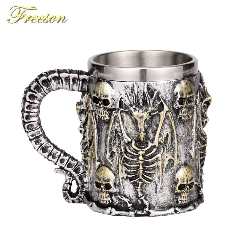 Silver Skull Dragon Resin Stainless Steel Beer Mug 450ml Coffee Cup Retro Tankard Creative Viking Tea Mug Pub Bar Decoration