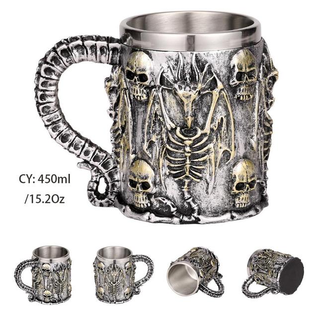 Silver Skull Dragon Resin Stainless Steel Beer Mug 450ml Coffee Cup Retro Tankard Creative Viking Tea Mug Pub Bar Decoration