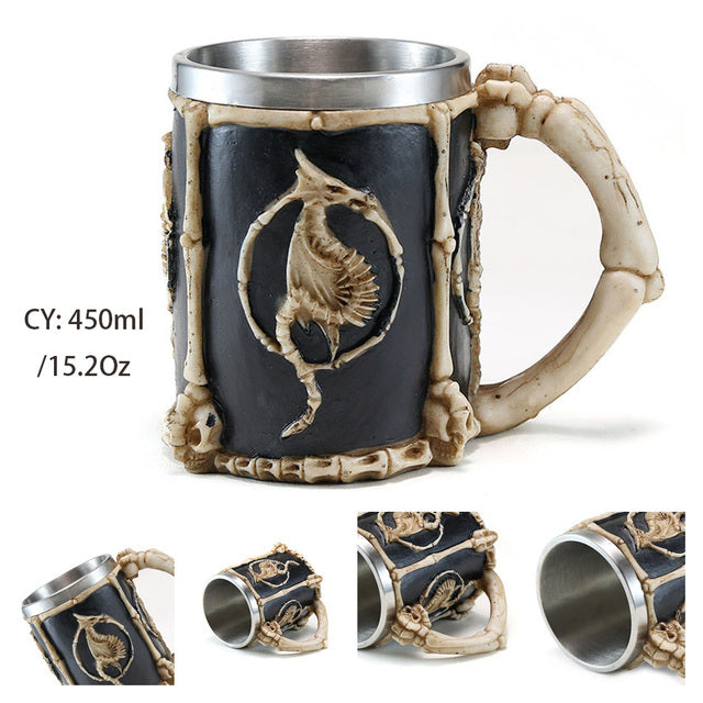 Silver Skull Dragon Resin Stainless Steel Beer Mug 450ml Coffee Cup Retro Tankard Creative Viking Tea Mug Pub Bar Decoration