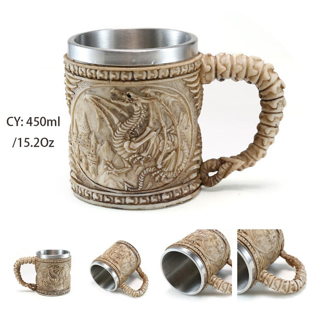 Silver Skull Dragon Resin Stainless Steel Beer Mug 450ml Coffee Cup Retro Tankard Creative Viking Tea Mug Pub Bar Decoration